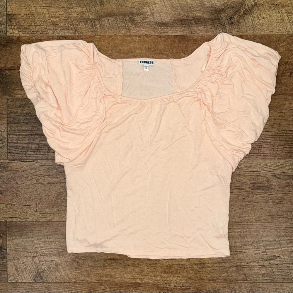 Express Scoop Neck Puff Sleeve Women’s Blouse Peach Ruched Top